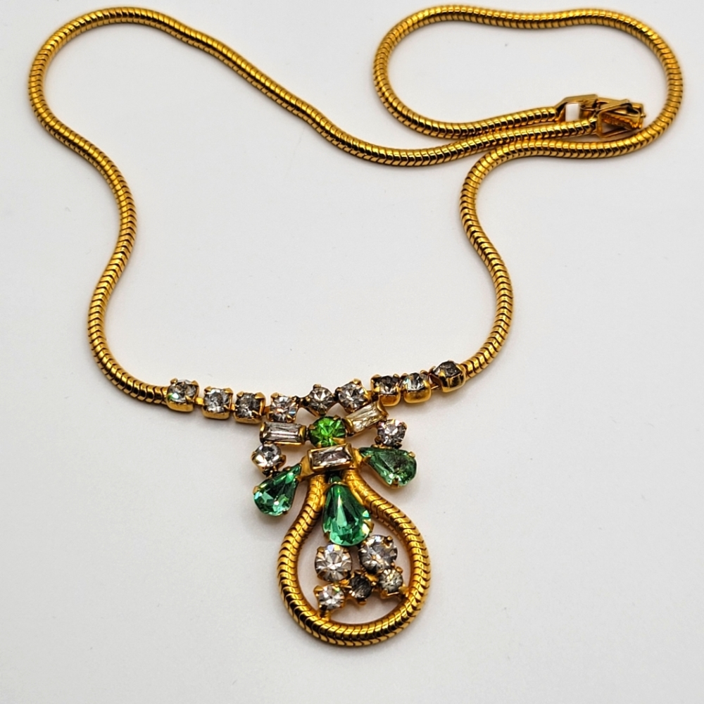 VTG Leo Glass Necklace | Green & Clear Rhinestones | SIGNED